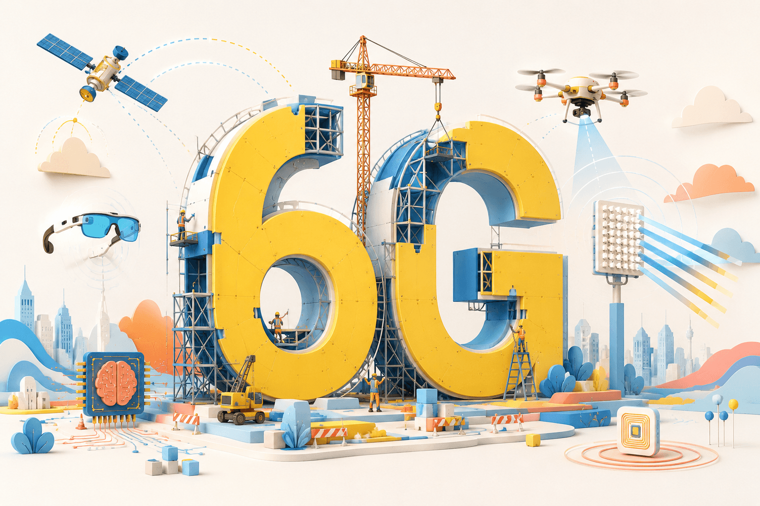 A giant yellow 6G structure under construction, surrounded by a satellite, drone, smart glasses, antenna array, cityscape, and AI chip.